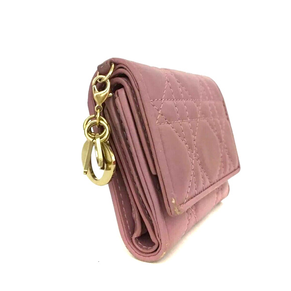 Authentic Christian Dior Cannage Leather Compact Trifold Wallet W/ Charm Pink - Picture 2 of 9